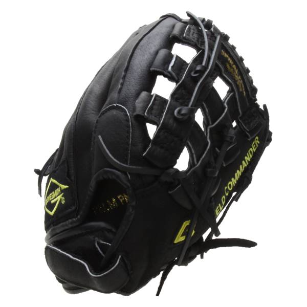 Side view of a black baseball glove with yellow FIELD COMMANDER text and a yellow triangular logo.