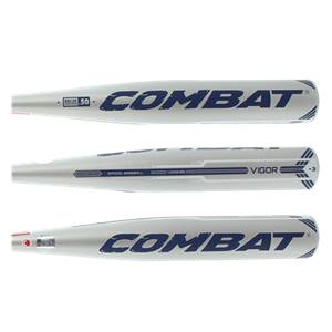 Three views of a white COMBAT VIGOR baseball bat with blue lettering and branding.
