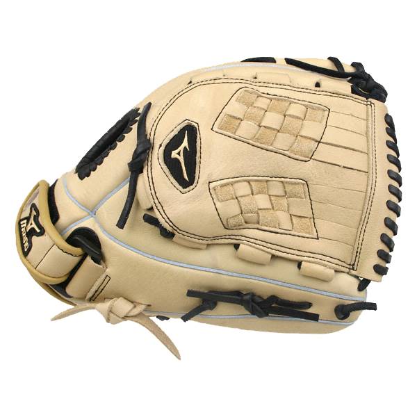 Side view of a tan fastpitch mitt with black lacing and a checkered web pattern.