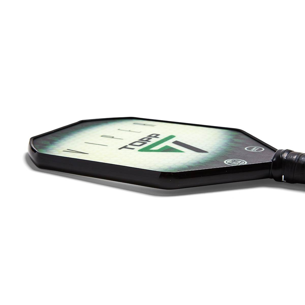 Side view of a black pickleball paddle with the TOPP logo and green accents.