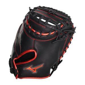 Front view of a black baseball catchers mitt with red stitching and a red Mizuno logo.