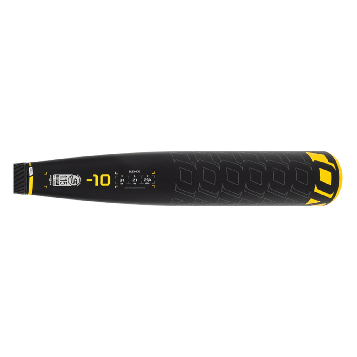 Top-down view of a black baseball bat with yellow  -10 and diamond pattern grip.