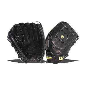 Two views of black baseball gloves with A2000 and Wilson branding.