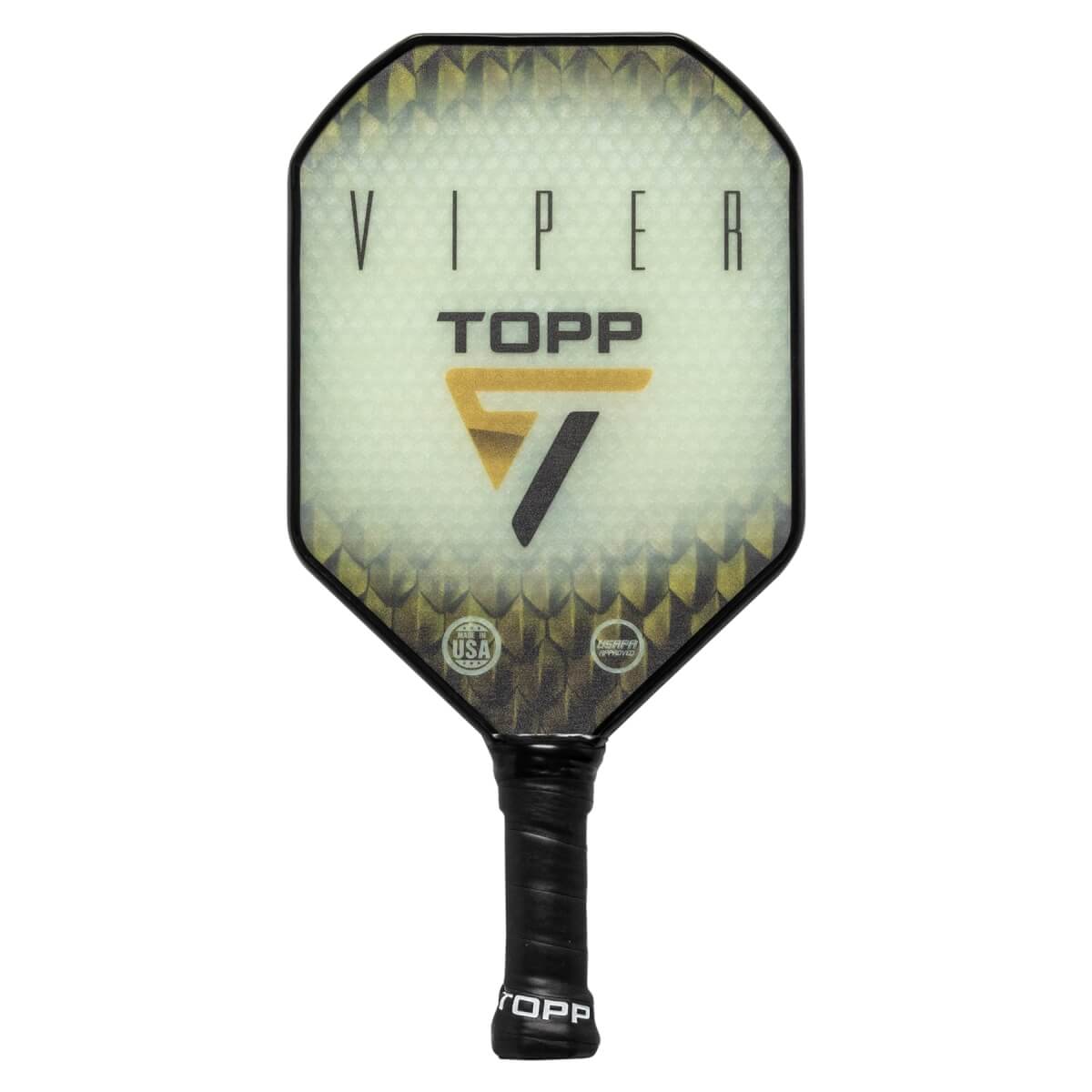 Front view of a white pickleball paddle with VIPER and TOPP text, a gold and black logo, and a textured border.