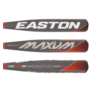 Top-down view of a gray baseball bat with white EASTON text and orange accents.