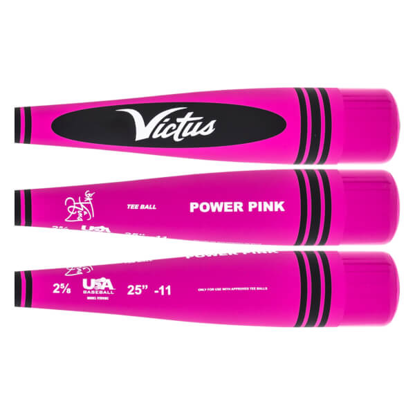 Top-down view of three pink tee ball bats with black accents and Victus branding.