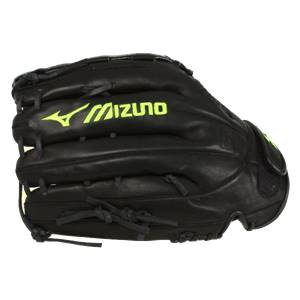 Side view of a black baseball glove with a neon yellow Mizuno logo and black lacing.