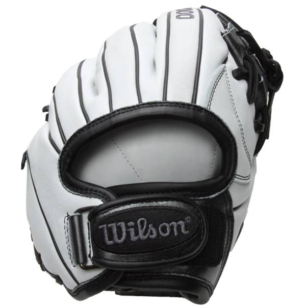 Side view of a white Wilson fastpitch glove with black lacing and a black wrist strap.