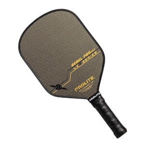 Top-down view of a black and gold pickleball paddle with REBEL PRO and PROLITE text.