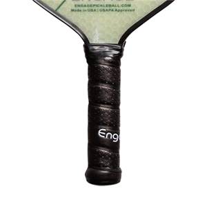 Close-up of a black pickleball paddle grip with Eng logo and textured pattern.