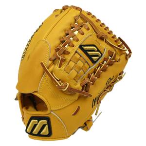 Corner view of a tan baseball glove with a black Mizuno logo and Mizuno Pro text.