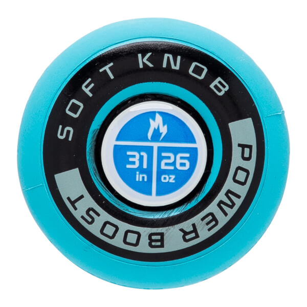 Close-up view of the bat's teal knob featuring the words "SOFT KNOB" and "POWER BOOST" around a center blue logo marked with "31 in" and "26 oz."
