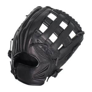 Top-down view of a black baseball glove with a segmented web and embossed Easton logo.