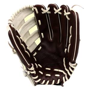 Front view of a brown baseball glove with white lacing and a cream interior.