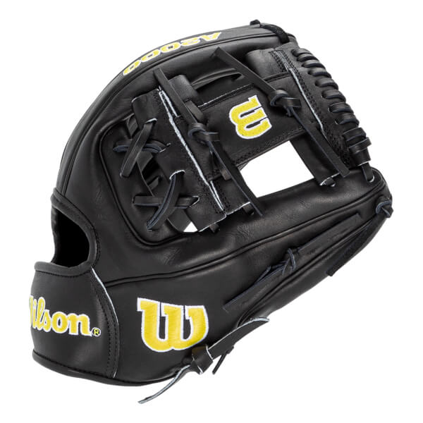 Back view of a black Wilson A2000 baseball glove with an H-web and yellow and white embroidered Wilson and W logos.