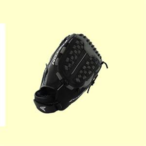 Side view of a black and gray softball glove with Easton branding and a woven pocket.