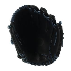 Top-down view of a black baseball glove with blue lacing and a textured palm.