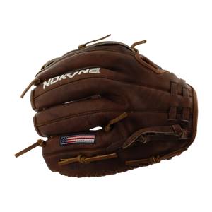 Side view of a brown softball glove with Nokona branding and a Made in America patch.