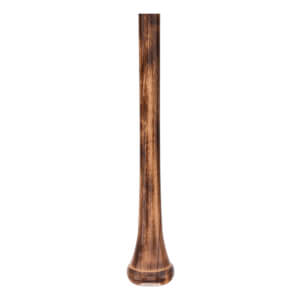 Close-up of a dark brown baseball bat with a tapered handle, rounded knob, and visible wood grain.