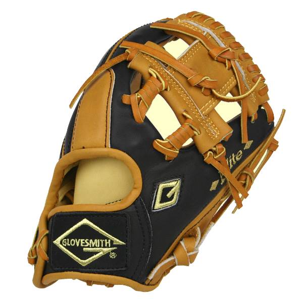 Side view of a black and tan baseball glove with GLOVESMITH logo and Elite text.