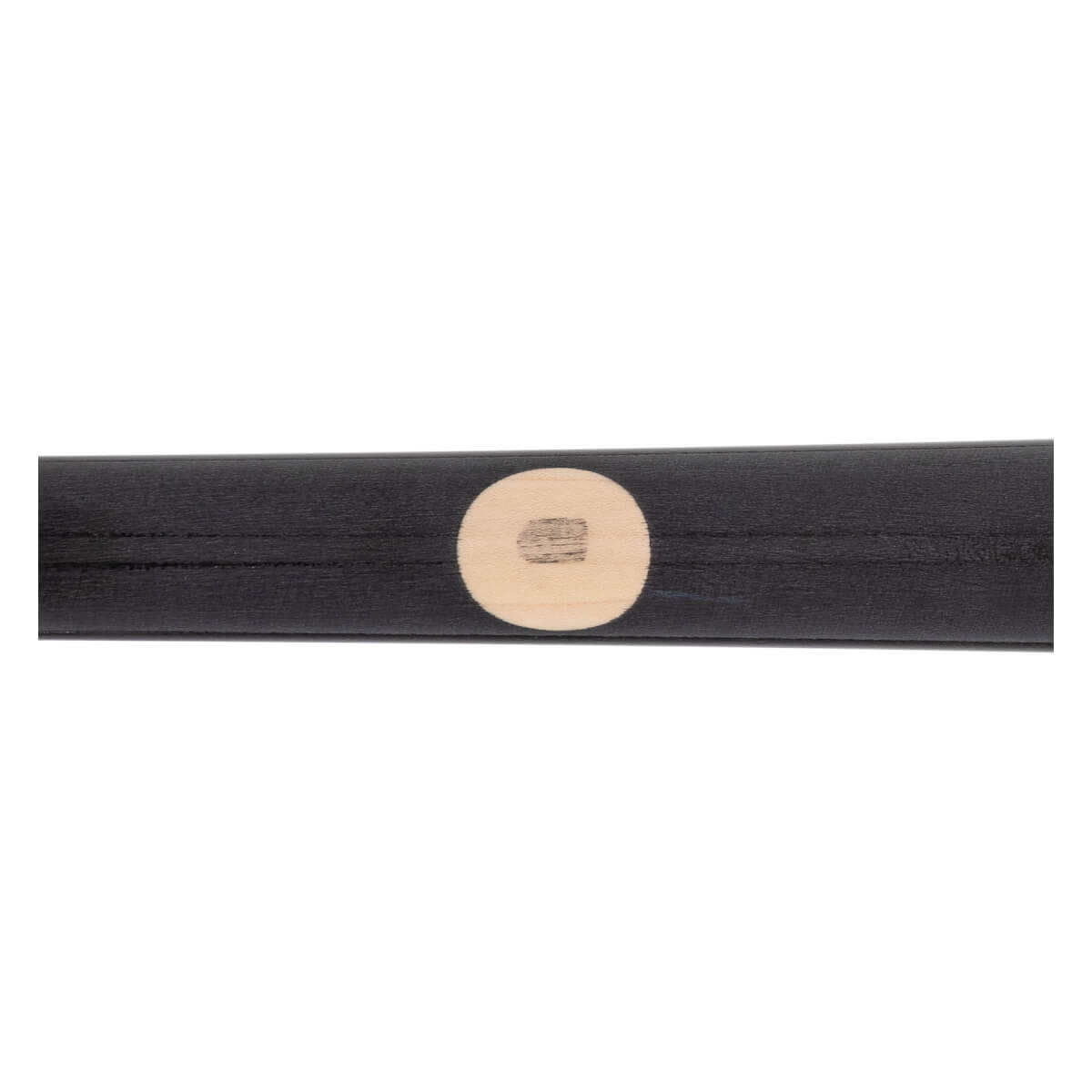 Side view of a black baseball bat with a circular wood grain detail.