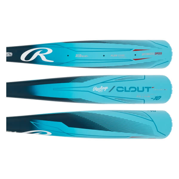 Three views of a blue baseball bat with Rawlings and CLOUT branding, and speed graphics.