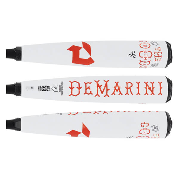 Side view of a white baseball bat with red DeMarini branding and The Goods text.