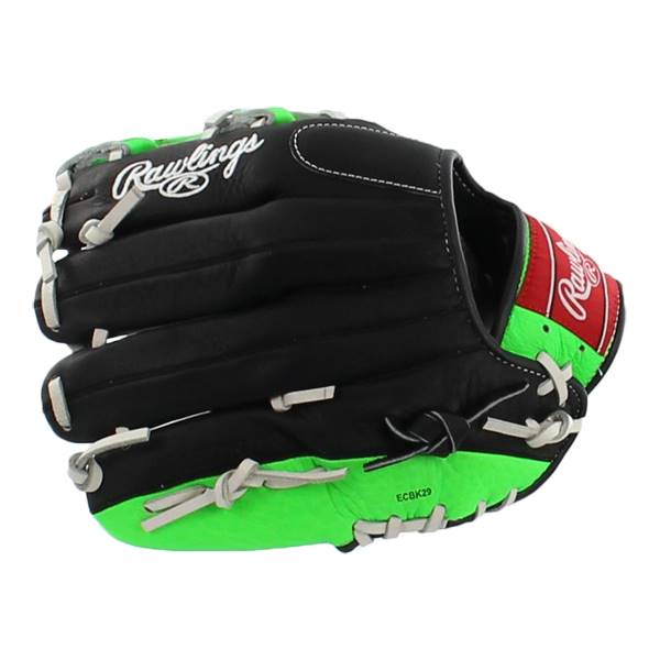 Top-down view of a black baseball glove with green accents and white Rawlings branding.