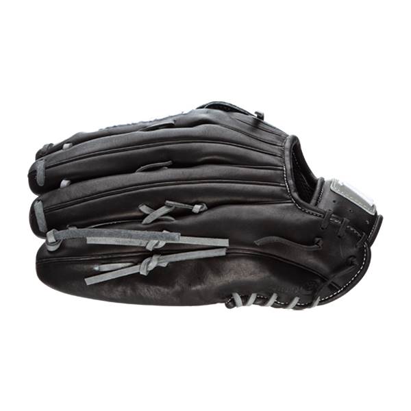Side view of a black baseball glove with grey lacing and a silver accent on the wrist strap.