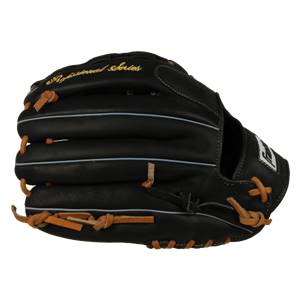 Side view of a black baseball glove with tan lacing and Professional Series text.