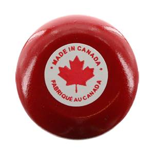 End view of a red baseball bat with a Made in Canada sticker featuring a red maple leaf.