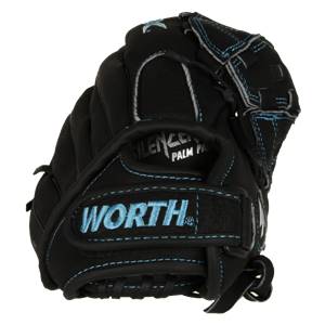 Front view of a black fastpitch glove with blue stitching, WORTH logo, and SILENCE PALM text.