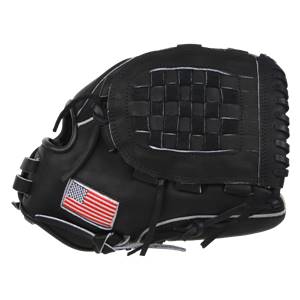 Side view of a black baseball glove with a woven web and an American flag patch.