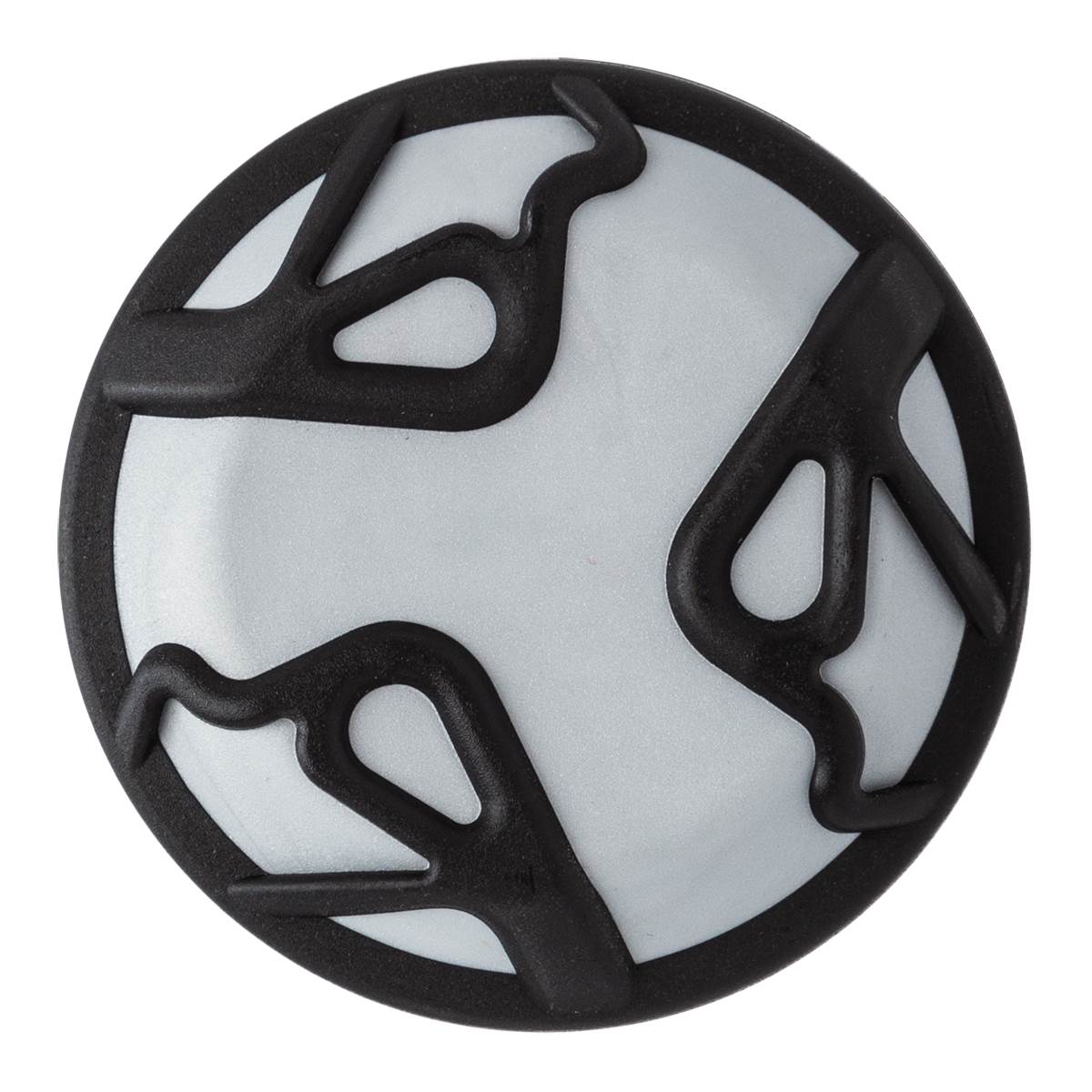 End cap view of a white baseball bat with black abstract design.