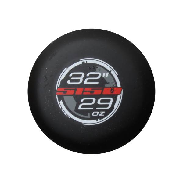 Top-down view of a black baseball bat end cap with 32 5150 29 OZ text.