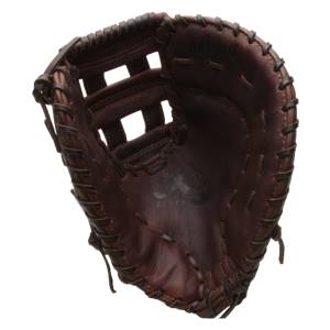 Inside view of a brown baseball glove with a woven web and ELITE branding.