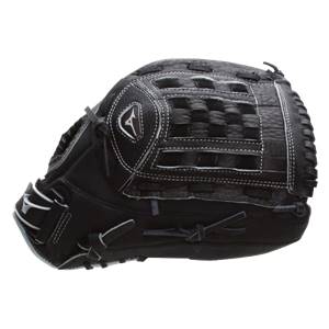 Side view of a black softball glove with white stitching and a Mizuno logo.