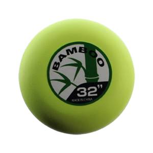 Close-up of a lime green baseball bat barrel with BAMBOO text, bamboo stalks, and 32 marking.