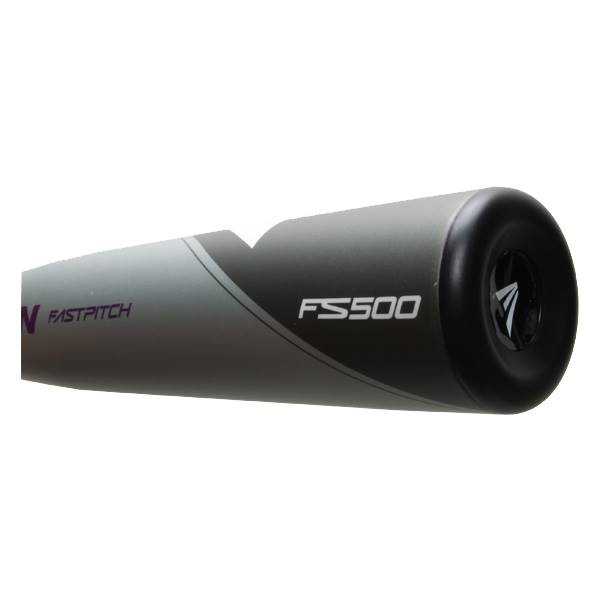 Close-up of a gray Easton S500 Fastpitch softball bat with white lettering and a black end cap.