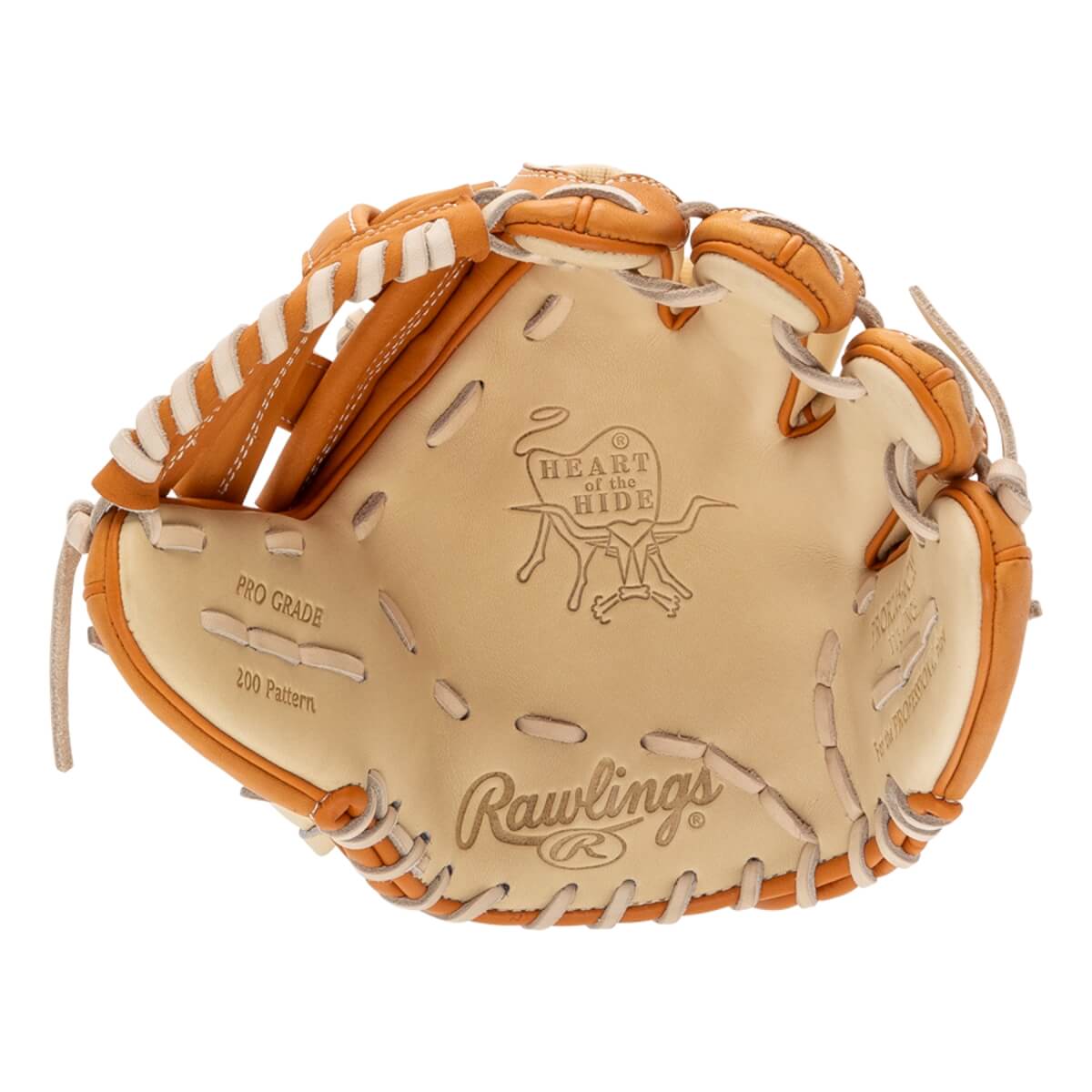 Palm view of a tan baseball glove with white lacing, Rawlings logo, and Heart of the Hide bull emblem.