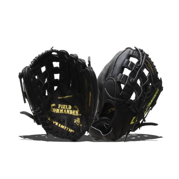 Front view of black baseball gloves with gold FIELD COMMANDER and GLOVESMITH branding.