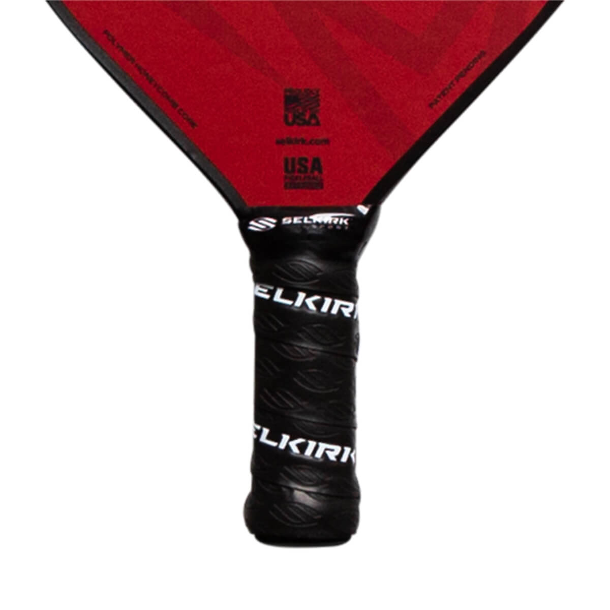 Top-down view of a red pickleball paddle with a black grip and USA branding.