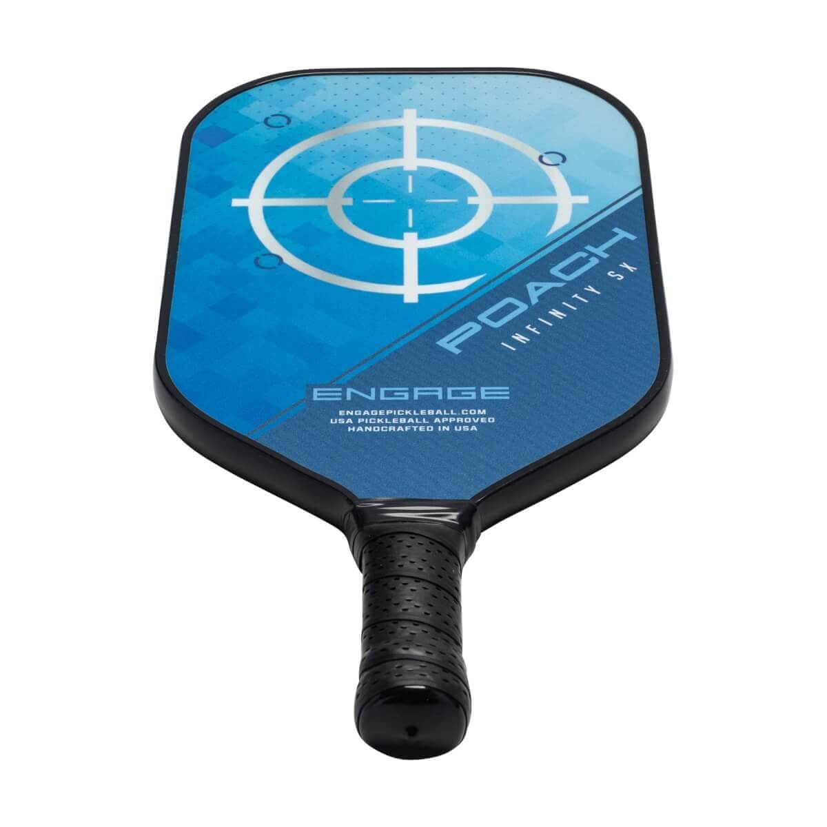 Front view of a blue pickleball paddle with a target design, POACH INFINITY SX text, and ENGAGE logo.