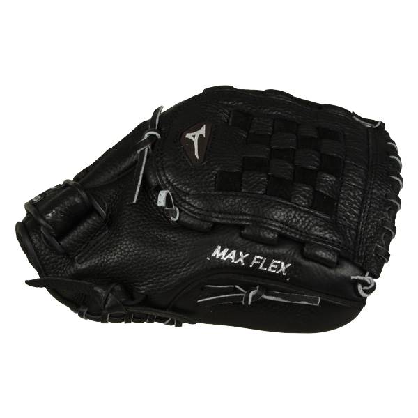 Top-down view of a black baseball glove with a checkered web and MAX FLEX text.