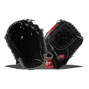 Front view of a black baseball glove with gray lacing and a red Rawlings logo.