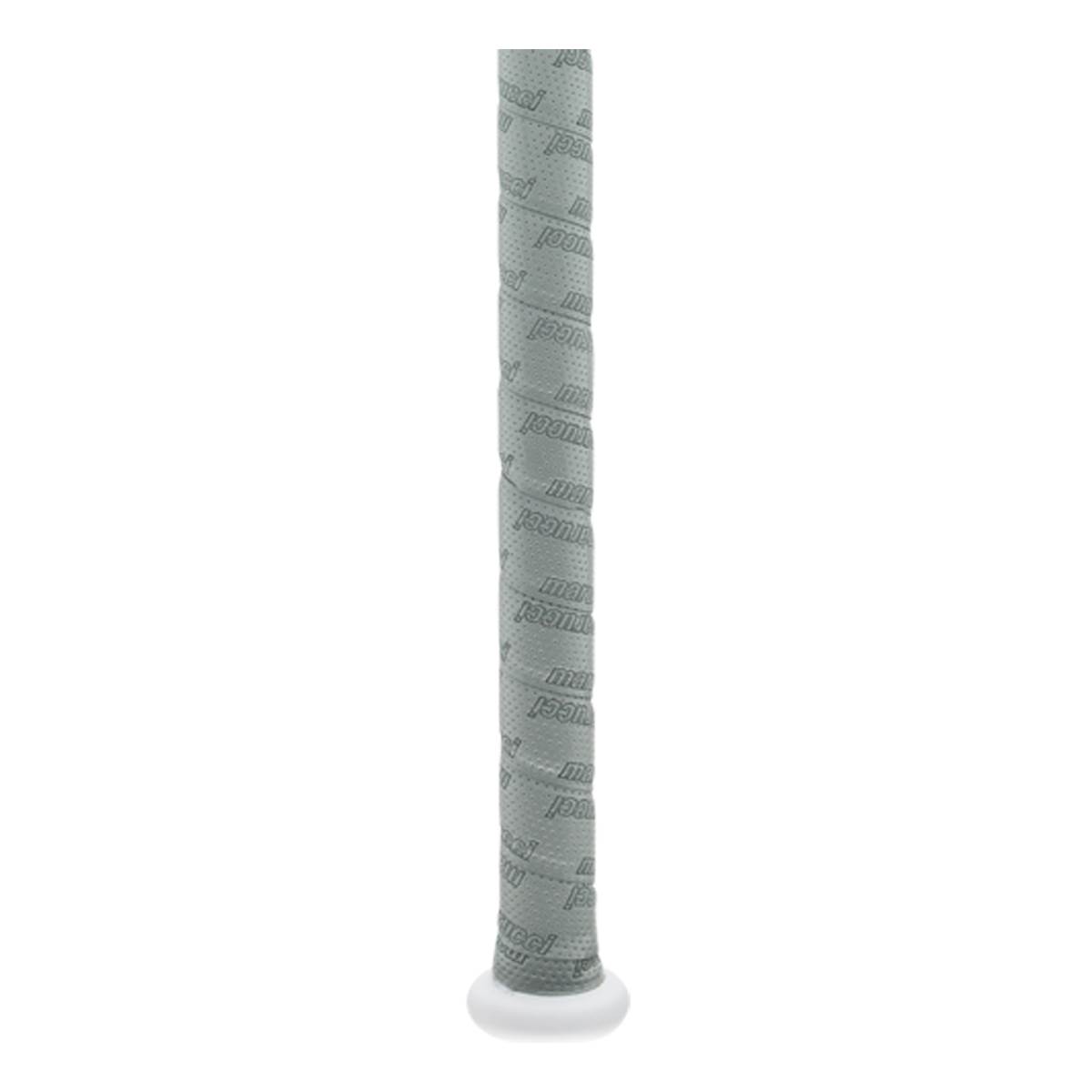 Close-up of a gray baseball bat grip with repeating Marucci branding and a white knob.