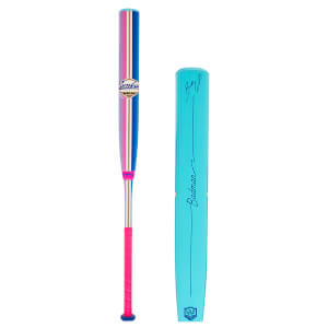 Front view of a baseball bat with pink grip, blue, pink, and gold stripes, and a "Combat" logo.