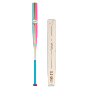 Front view of a baseball bat with pink, blue, and brown stripes, a blue grip, and "Combat" logo.