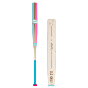 Front view of a baseball bat with pink, blue, and brown stripes and a blue grip.