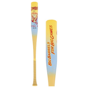 Front and close-up views of a yellow and blue gradient baseball bat featuring a red bird graphic and the slogan "BIG BARRELS FOR BIG GAMES."